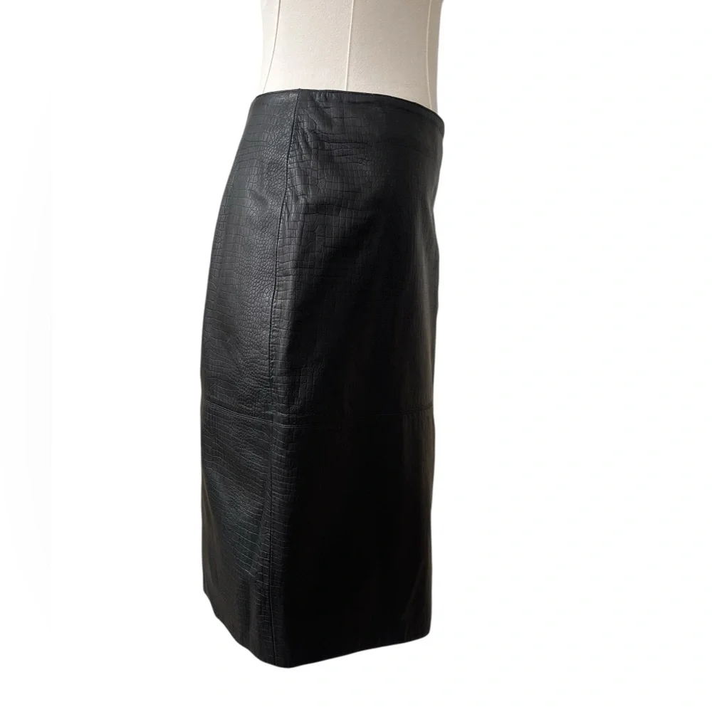 Vintage 90s black genuine croc leather pencil skirt back slit fully lined 12 - Picture 3 of 12